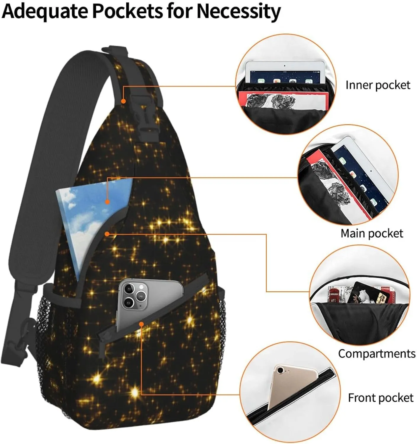 Black And Gold Wallpaper Print Crossbody Backpack Shoulder Bag Cross Chest Bag For Travel, Hiking Gym Tactical Use