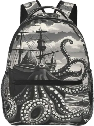 Black and White Octopus and Ship Backpack for Men Women Casual Daypack Laptop Backpack Computer Bag Travel Laptop Bag
