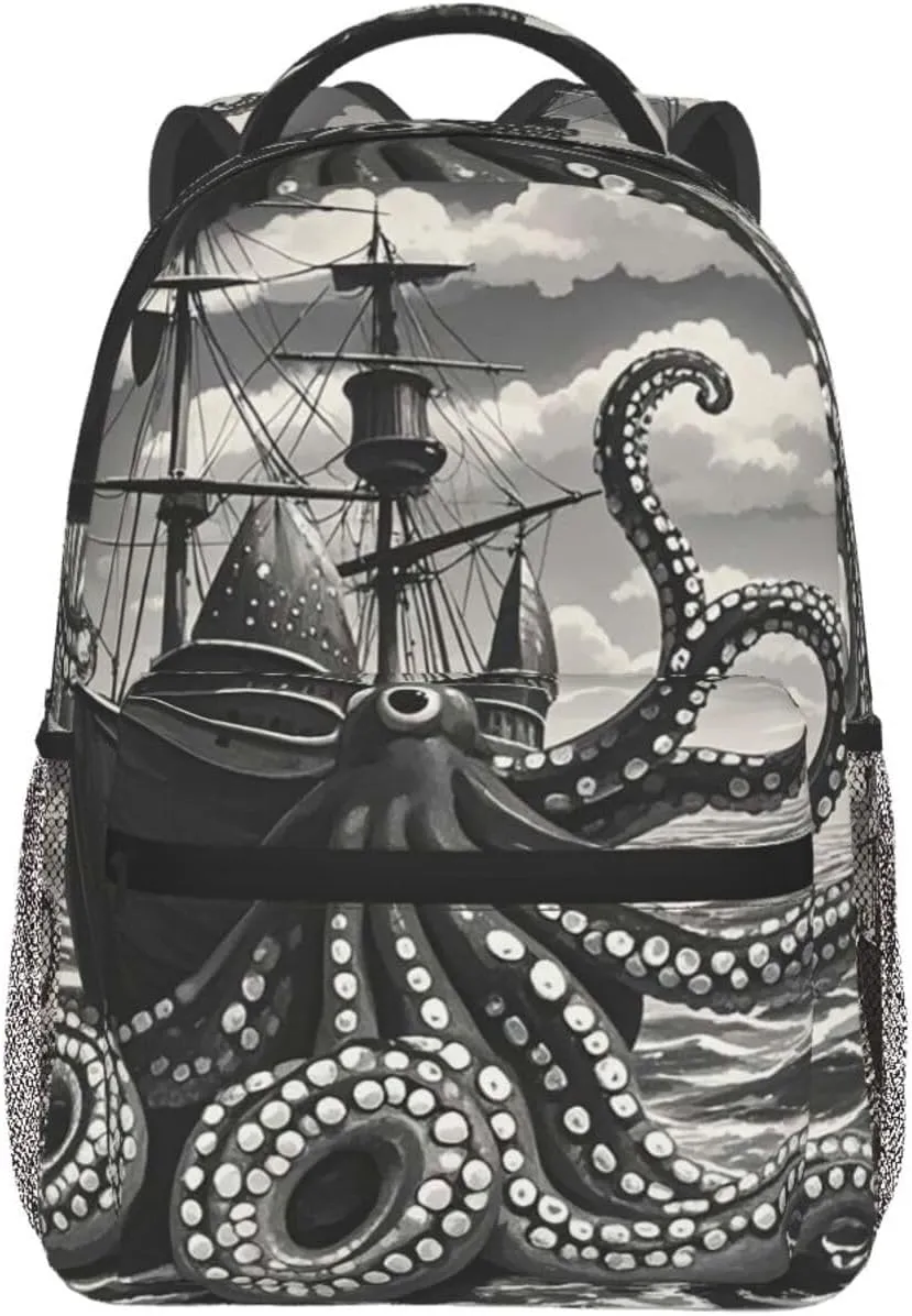 Black and White Octopus and Ship Backpack for Men Women Casual Daypack Laptop Backpack Computer Bag Travel Laptop Bag