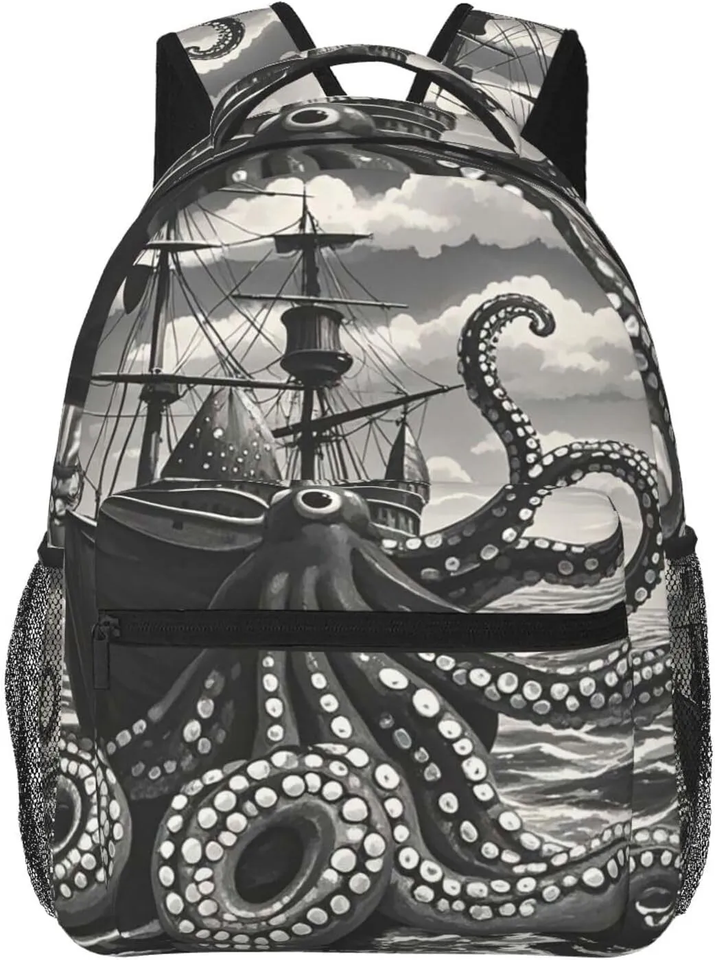 Black and White Octopus and Ship Backpack for Men Women Casual Daypack Laptop Backpack Computer Bag Travel Laptop Bag