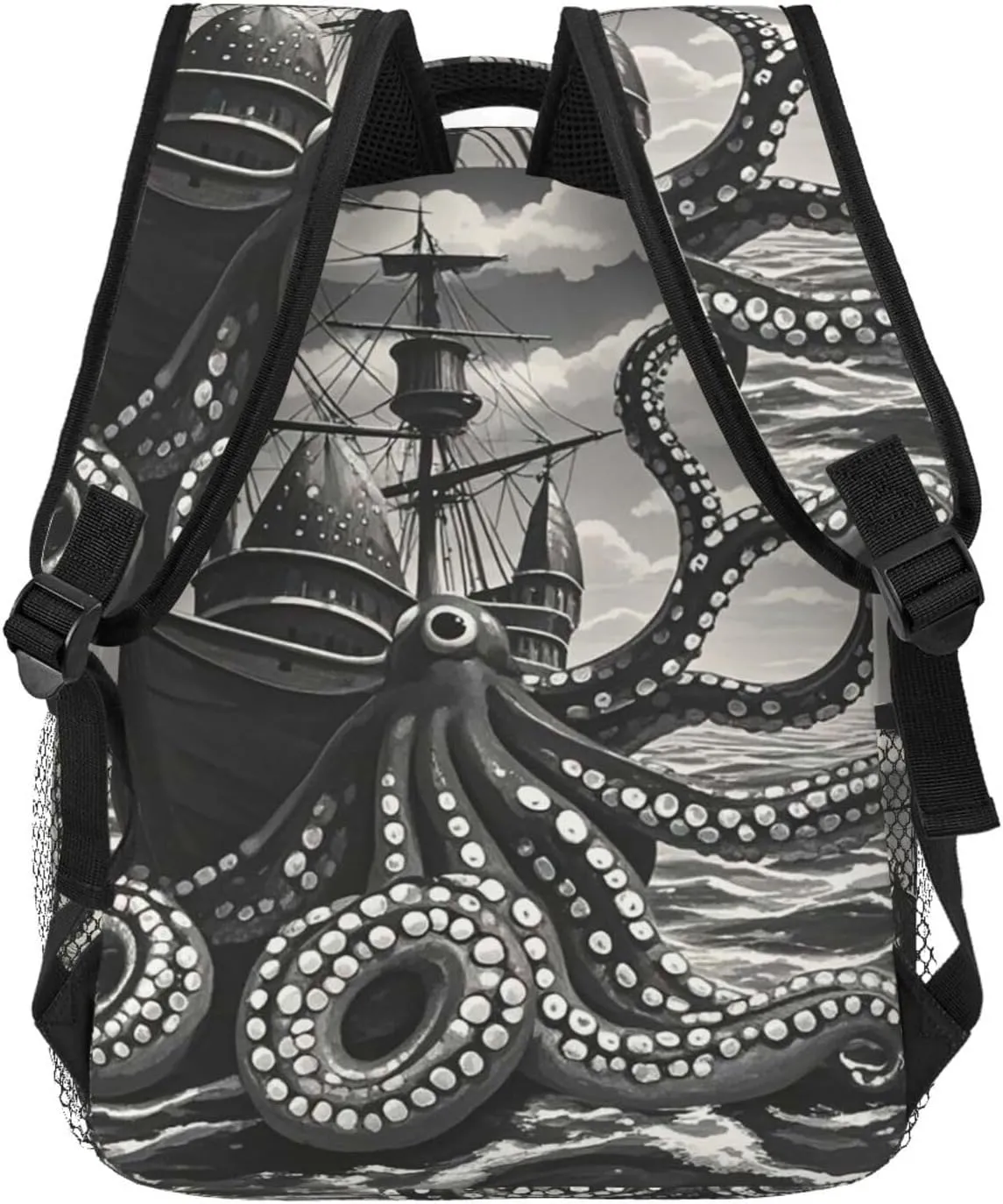Black and White Octopus and Ship Backpack for Men Women Casual Daypack Laptop Backpack Computer Bag Travel Laptop Bag