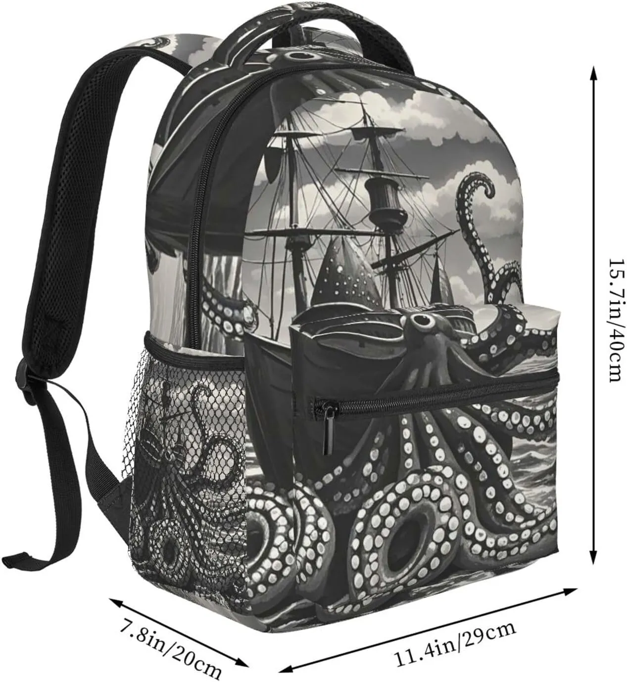 Black and White Octopus and Ship Backpack for Men Women Casual Daypack Laptop Backpack Computer Bag Travel Laptop Bag