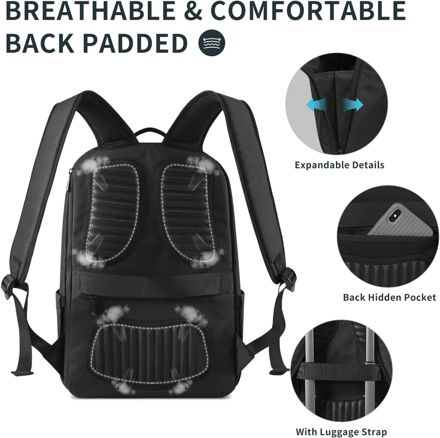 Black Backpack for Men, School Book Bags for Boys, 15.6 inch Laptop Backpack, Water Resistant Work Business Computer Bag, Carry On Backpacks for Travel, Casual Daypacks for Daily