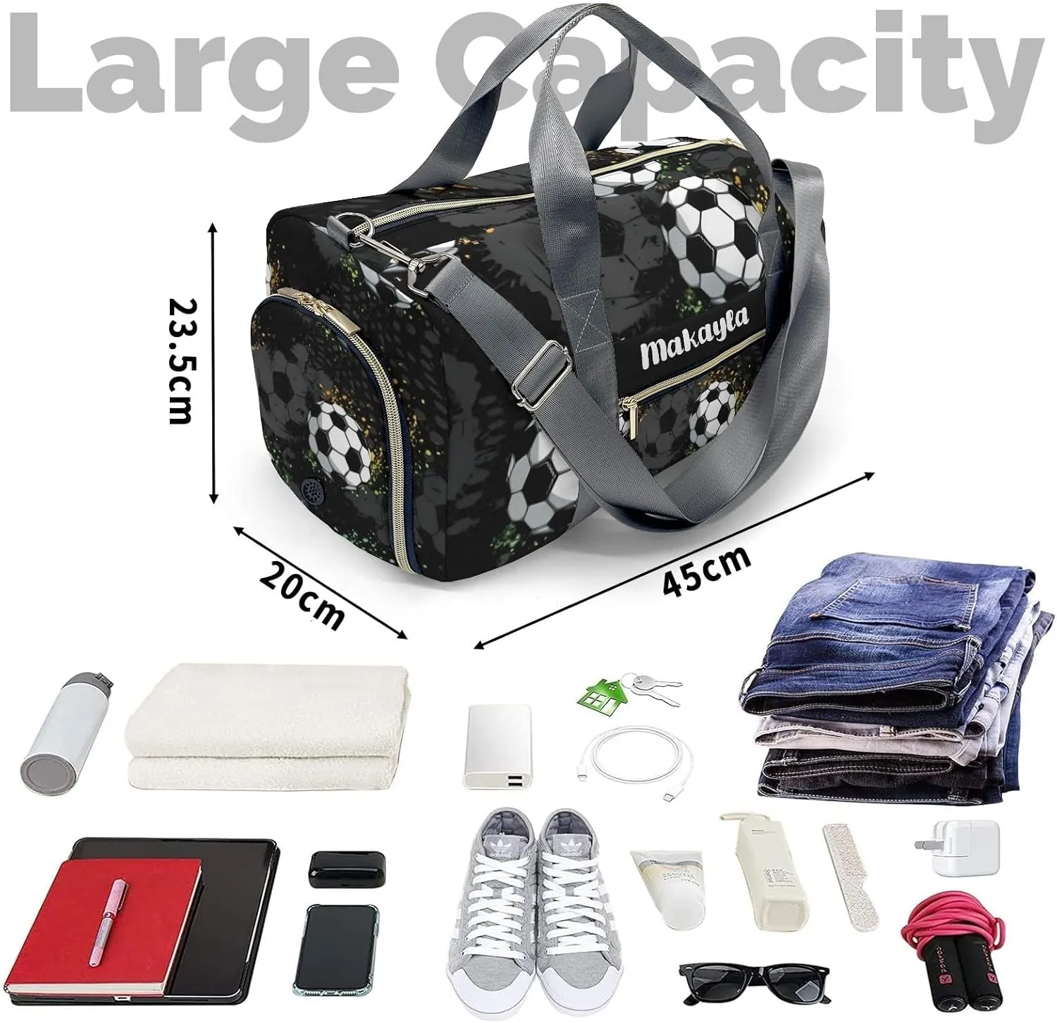 Black Print Soccer Personalized Gym Dance Bag for Girls Boys,Custom Name Sport Duffel Bag Weekender Bags Carry On Travel Duffel Bag