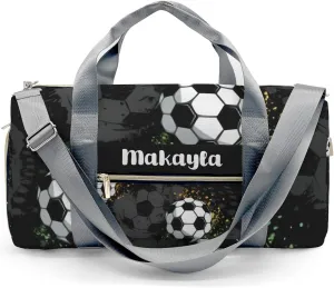 Black Print Soccer Personalized Gym Dance Bag for Girls Boys,Custom Name Sport Duffel Bag Weekender Bags Carry On Travel Duffel Bag