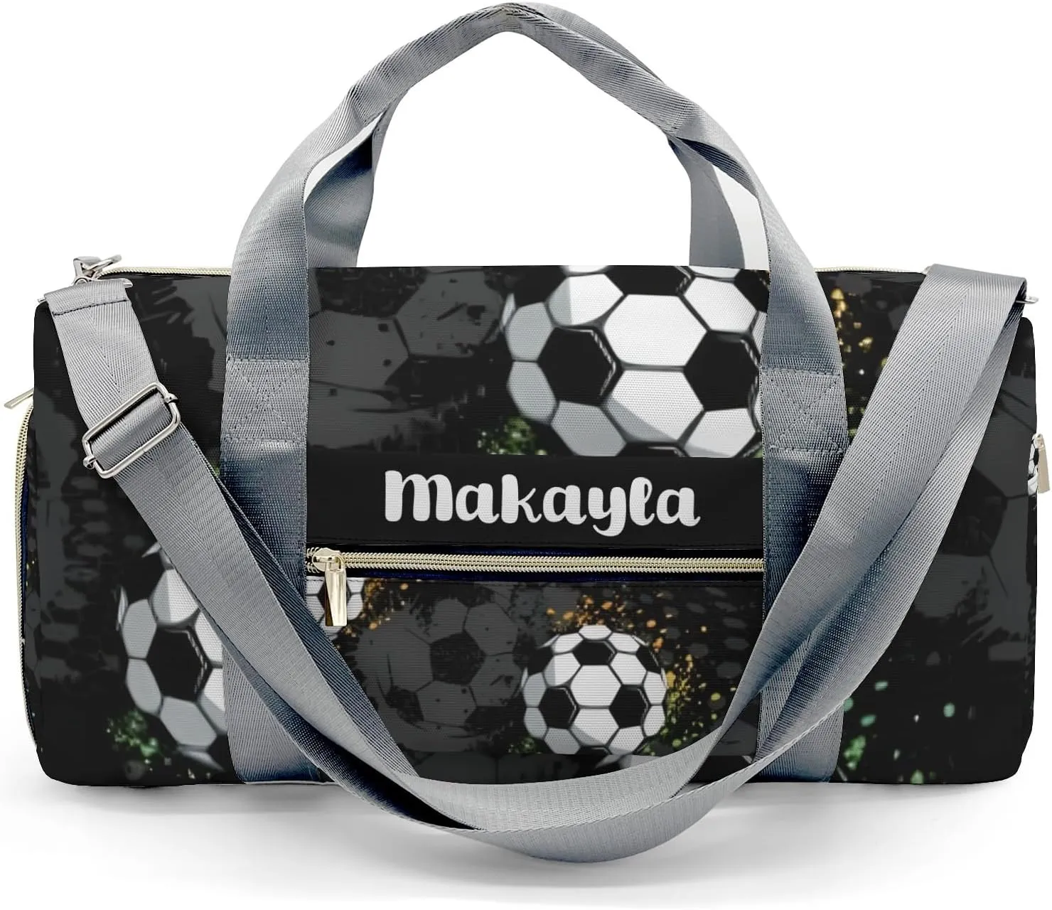Black Print Soccer Personalized Gym Dance Bag for Girls Boys,Custom Name Sport Duffel Bag Weekender Bags Carry On Travel Duffel Bag