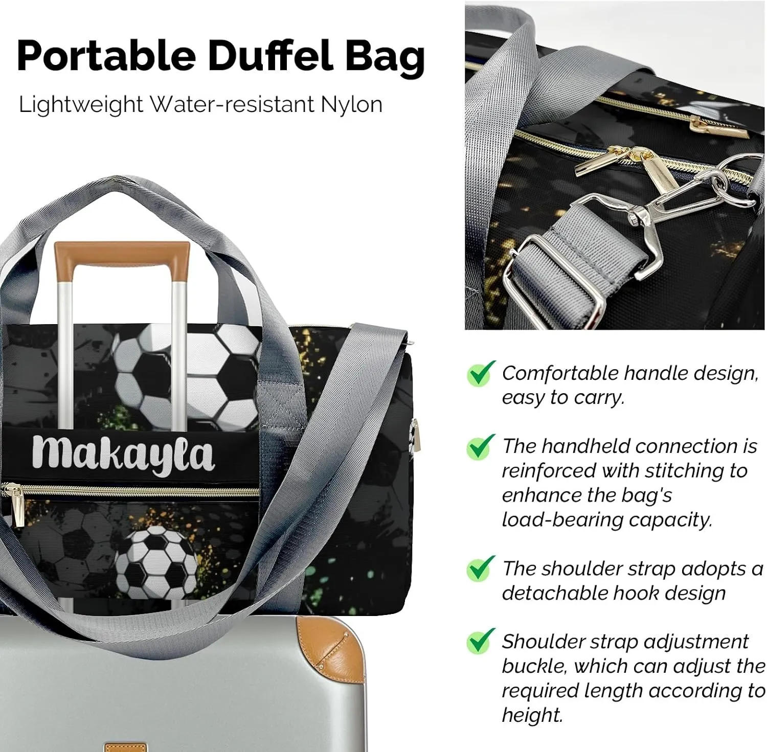 Black Print Soccer Personalized Gym Dance Bag for Girls Boys,Custom Name Sport Duffel Bag Weekender Bags Carry On Travel Duffel Bag