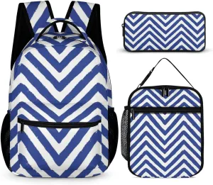 Blue Chalk Zag Zig Pattern 3 Piece Backpack Sets With Lunch Bag Pencil Case Combination Hiking Travel Work