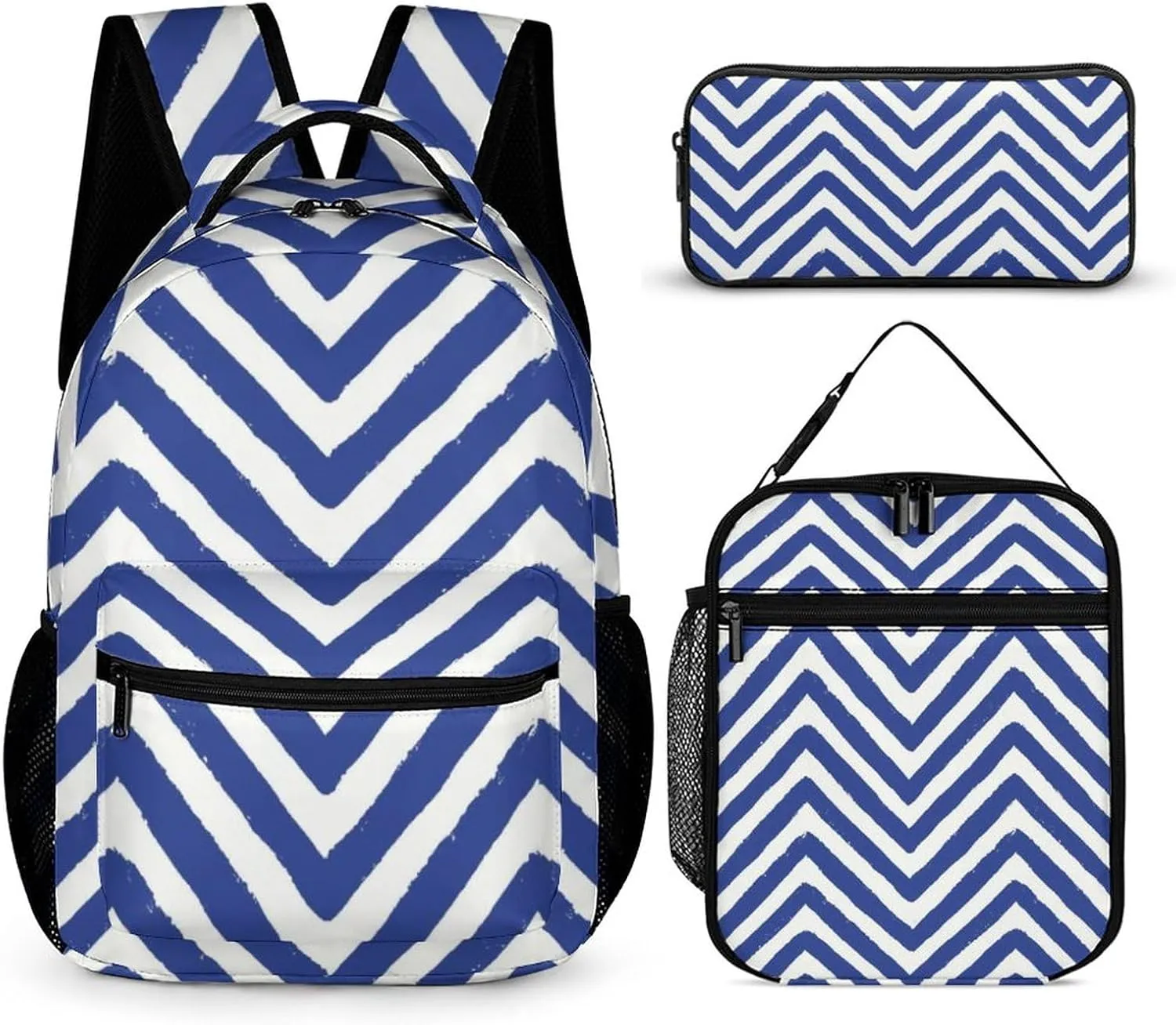 Blue Chalk Zag Zig Pattern 3 Piece Backpack Sets With Lunch Bag Pencil Case Combination Hiking Travel Work