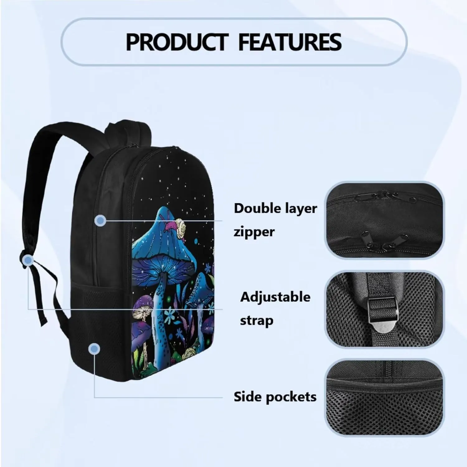 Blue Mushroom 3 Piece Kids Backpack Set School Backpacks for Girls Women Teacher Bookbag for Preschool Elementary Primary School Bags with Lunch Box Pencil Case Lightweight