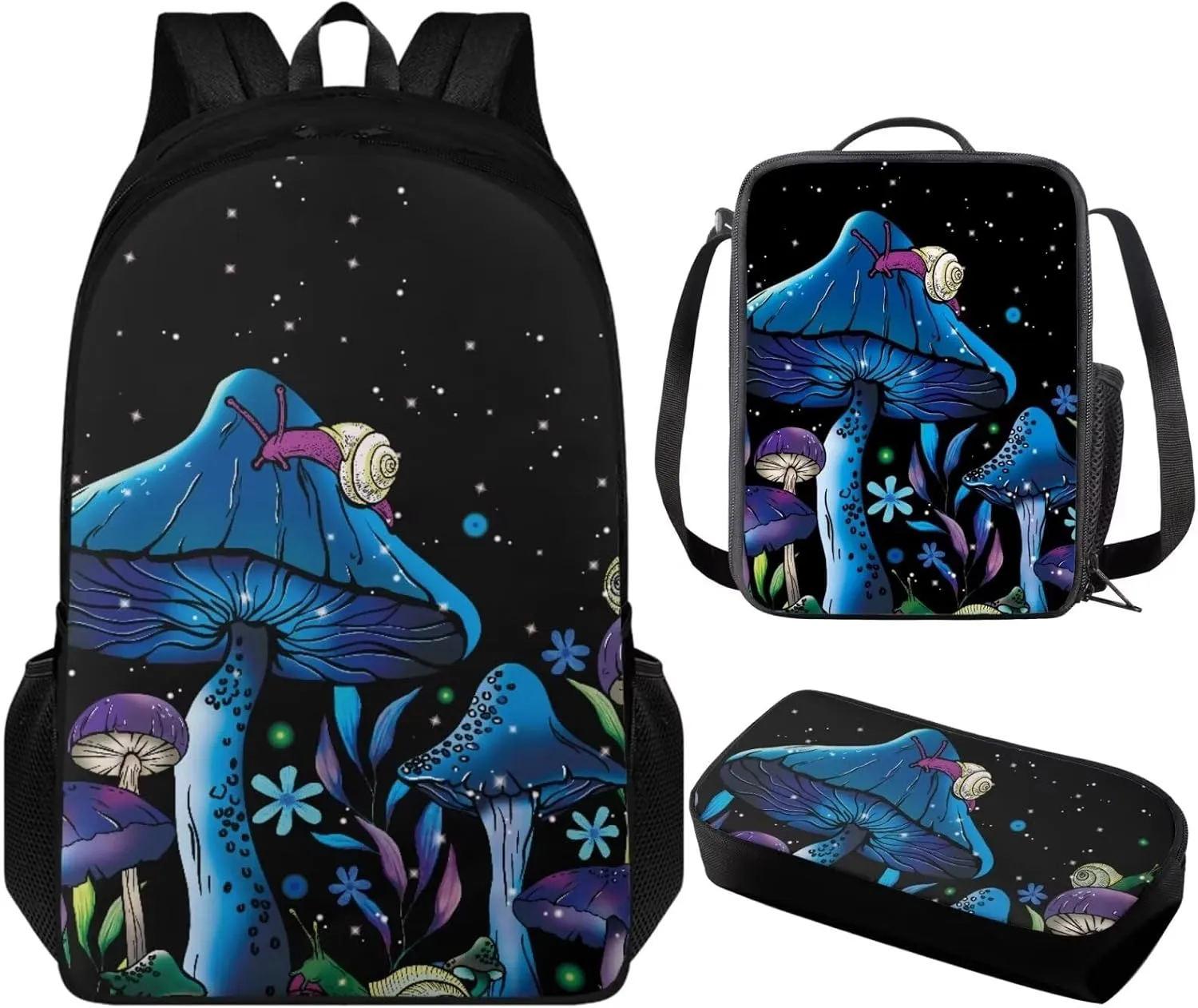 Blue Mushroom 3 Piece Kids Backpack Set School Backpacks for Girls Women Teacher Bookbag for Preschool Elementary Primary School Bags with Lunch Box Pencil Case Lightweight