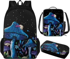 Blue Mushroom 3 Piece Kids Backpack Set School Backpacks for Girls Women Teacher Bookbag for Preschool Elementary Primary School Bags with Lunch Box Pencil Case Lightweight