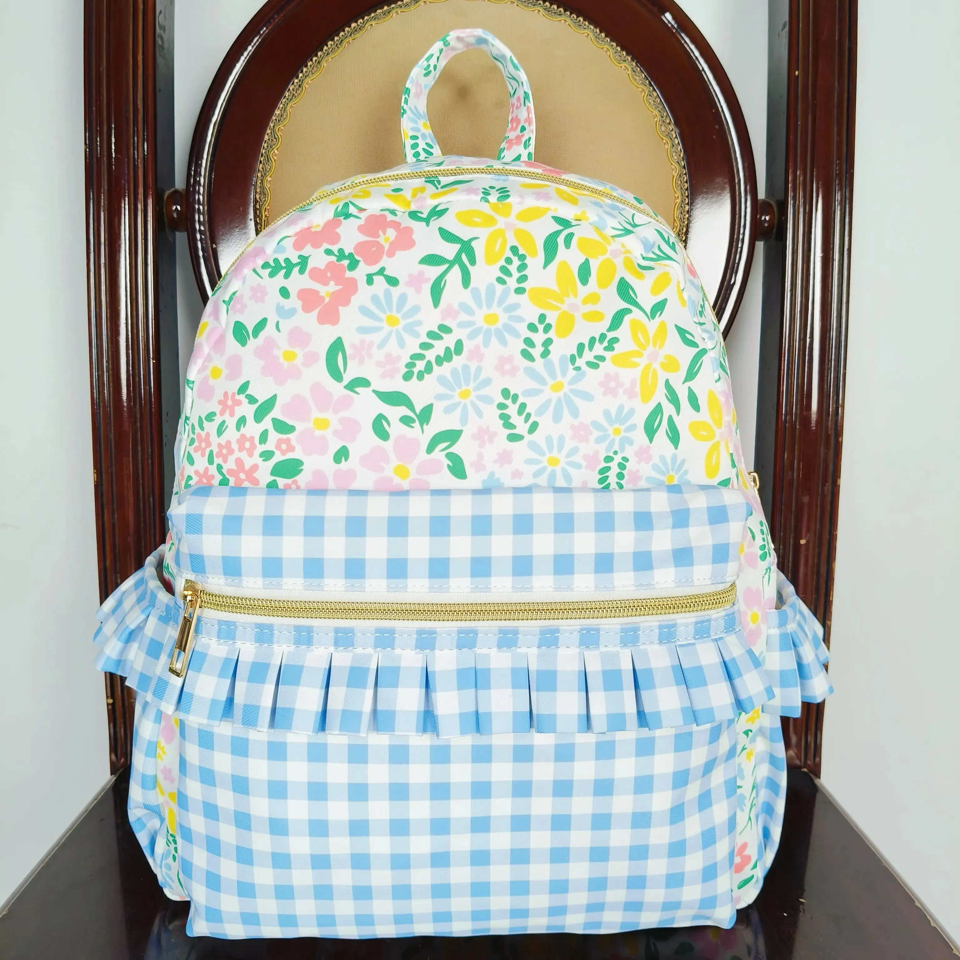 Blue Plaid Floral Backpack