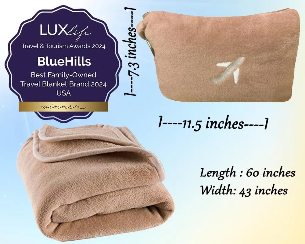 BlueHills 2-Pack Mini Premium Soft Plush Travel Blanket Pillow Airplane Essentials for Two in bag Flight Traveling Warm Portable Plane Blankets Compact Cozy Traveler Backpack Blankets Warm Beige - M26