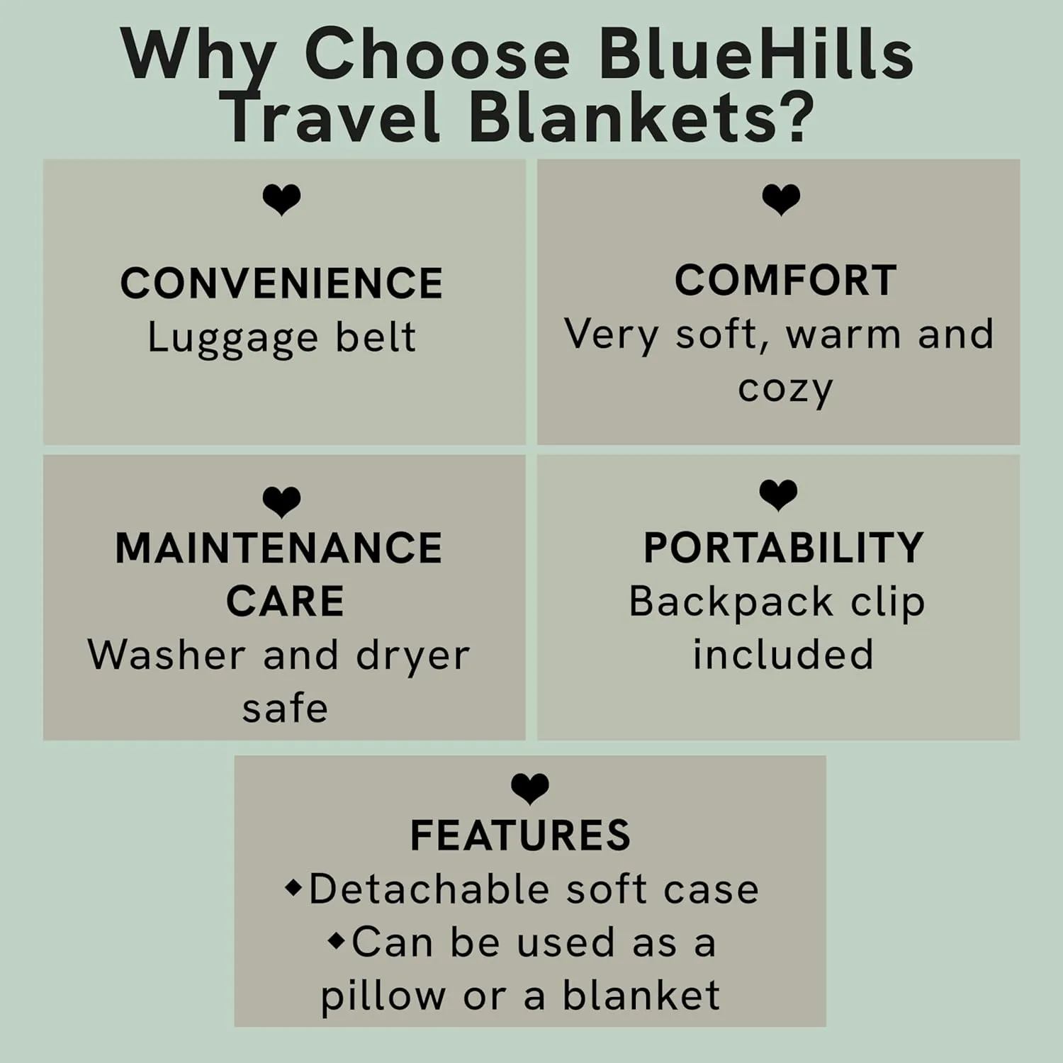 BlueHills Travel Blanket Pillow in Mini Soft Packable Case Premium Plush Airplane Blanket in Portable Compact Pack with Luggage Belt and Carabiner Long Flight Throw Essentials Lightweight- Black M05
