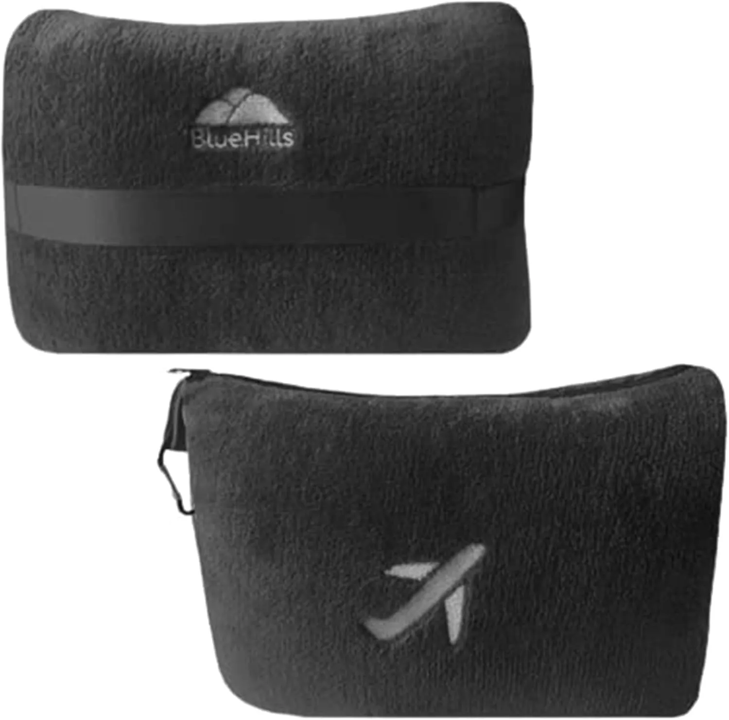 BlueHills Travel Blanket Pillow in Mini Soft Packable Case Premium Plush Airplane Blanket in Portable Compact Pack with Luggage Belt and Carabiner Long Flight Throw Essentials Lightweight- Black M05