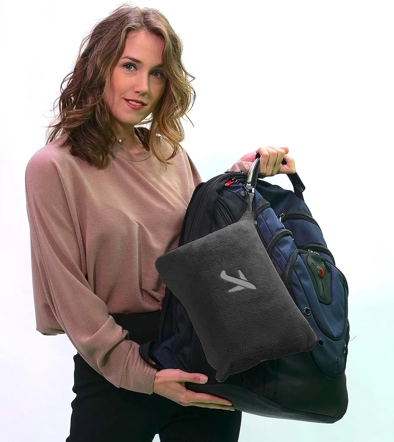 BlueHills Travel Blanket Pillow in Mini Soft Packable Case Premium Plush Airplane Blanket in Portable Compact Pack with Luggage Belt and Carabiner Long Flight Throw Essentials Lightweight- Black M05