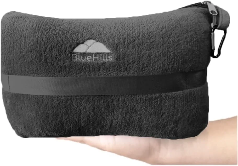 BlueHills Travel Blanket Pillow in Mini Soft Packable Case Premium Plush Airplane Blanket in Portable Compact Pack with Luggage Belt and Carabiner Long Flight Throw Essentials Lightweight- Black M05
