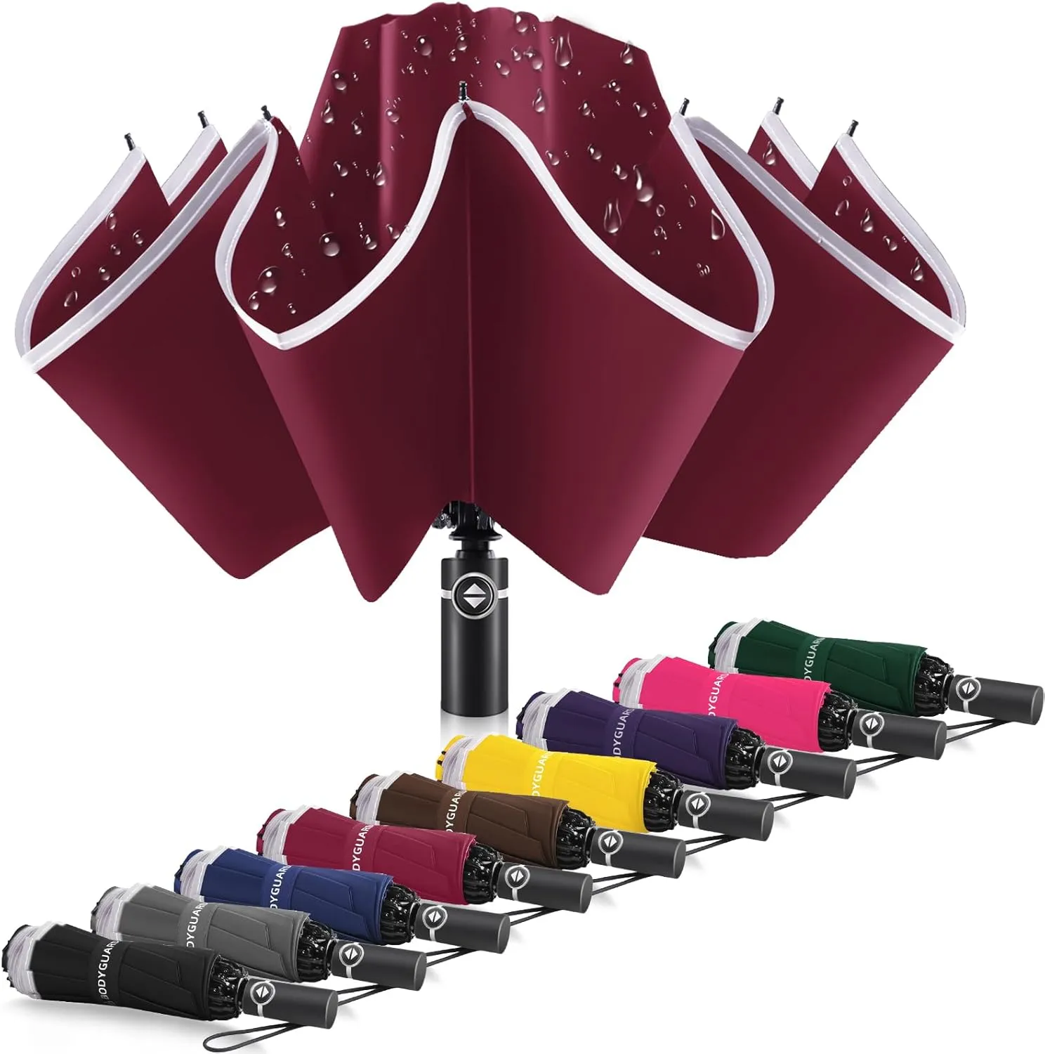 Bodyguard Inverted Umbrella - Large Windproof for Rain & Sun, Compact Reverse With Reflective Stripe, Teflon-Coated for Women Men, Travel Folding With Cover Bag