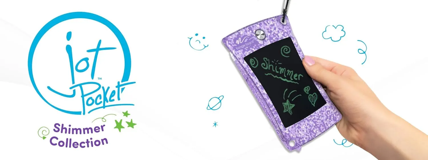 Boogie Board Jot Pocket Writing Tablet – Doodle Board Kids Travel Essentials LCD Screen Instant Erase Stylus Pen Kickstand Drawing Pad Girls Boys Educational Toy Birthday Gift Shimmer Collection Blue