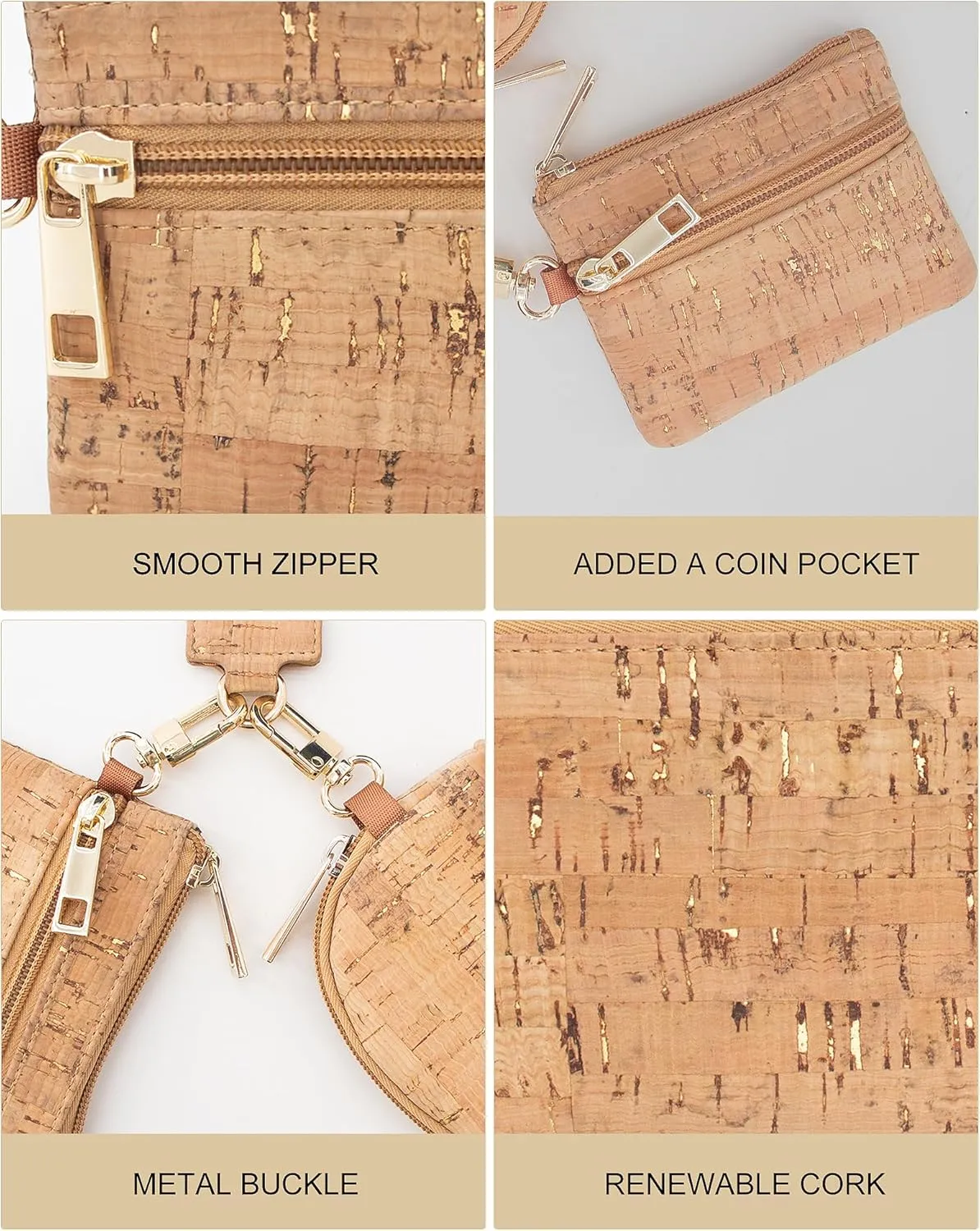 boshiho Vegan Cork Wallet, Women’s Purse Slim Zipper Design with Card Holder Coin Pocket Purse Eco-friendly Vegan Gift