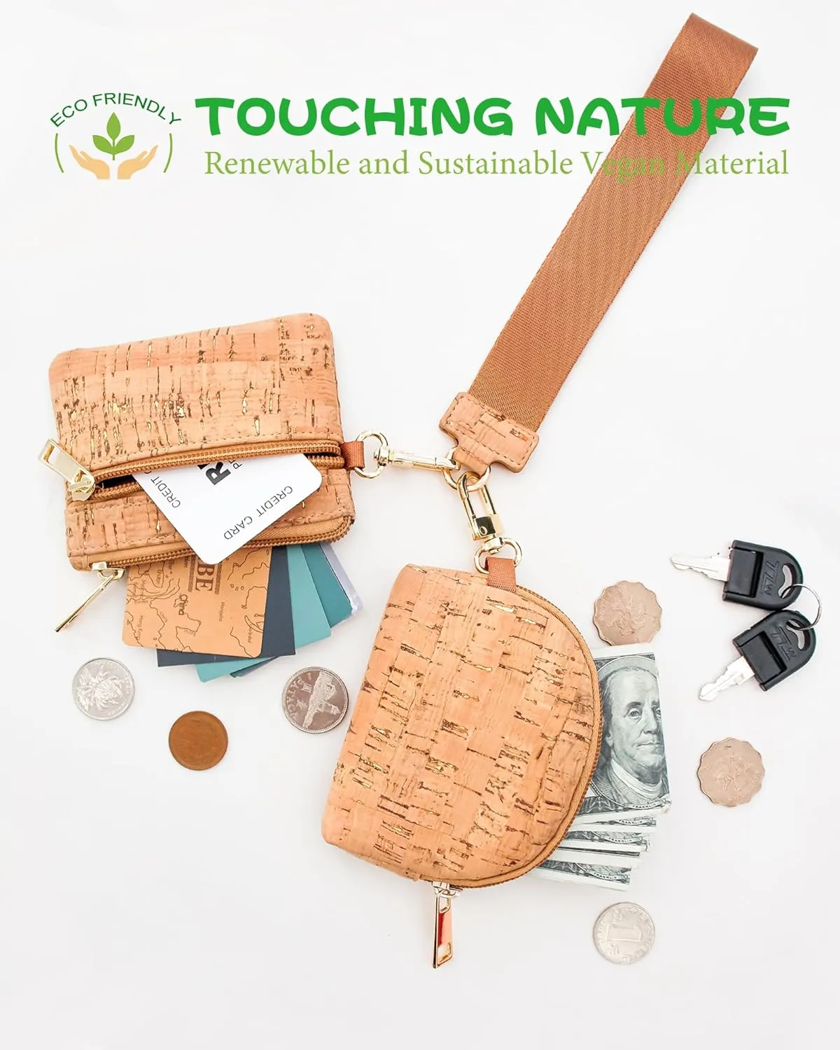 boshiho Vegan Cork Wallet, Women’s Purse Slim Zipper Design with Card Holder Coin Pocket Purse Eco-friendly Vegan Gift