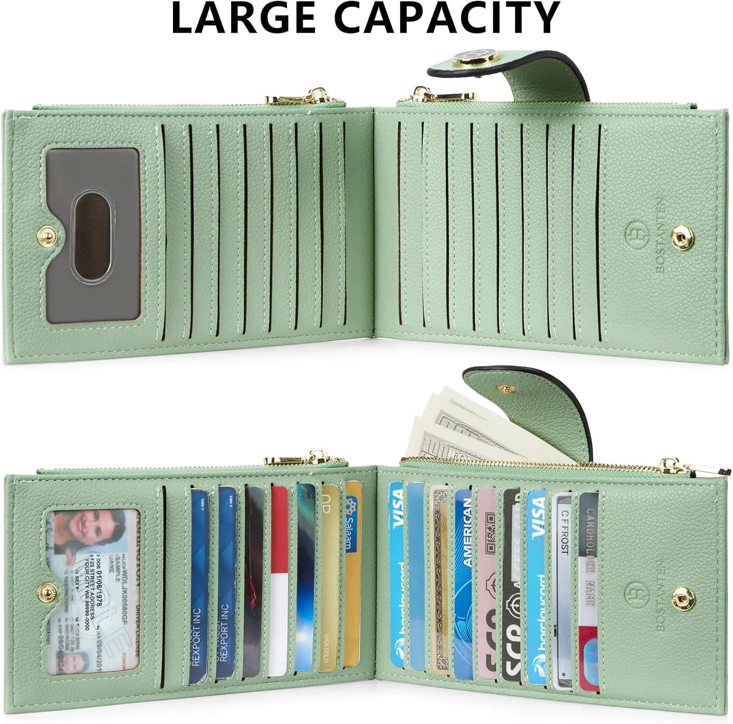 BOSTANTEN Leather Wallets for Women RFID Blocking Slim Bofild Purse Card Holder with Zipper Pocket