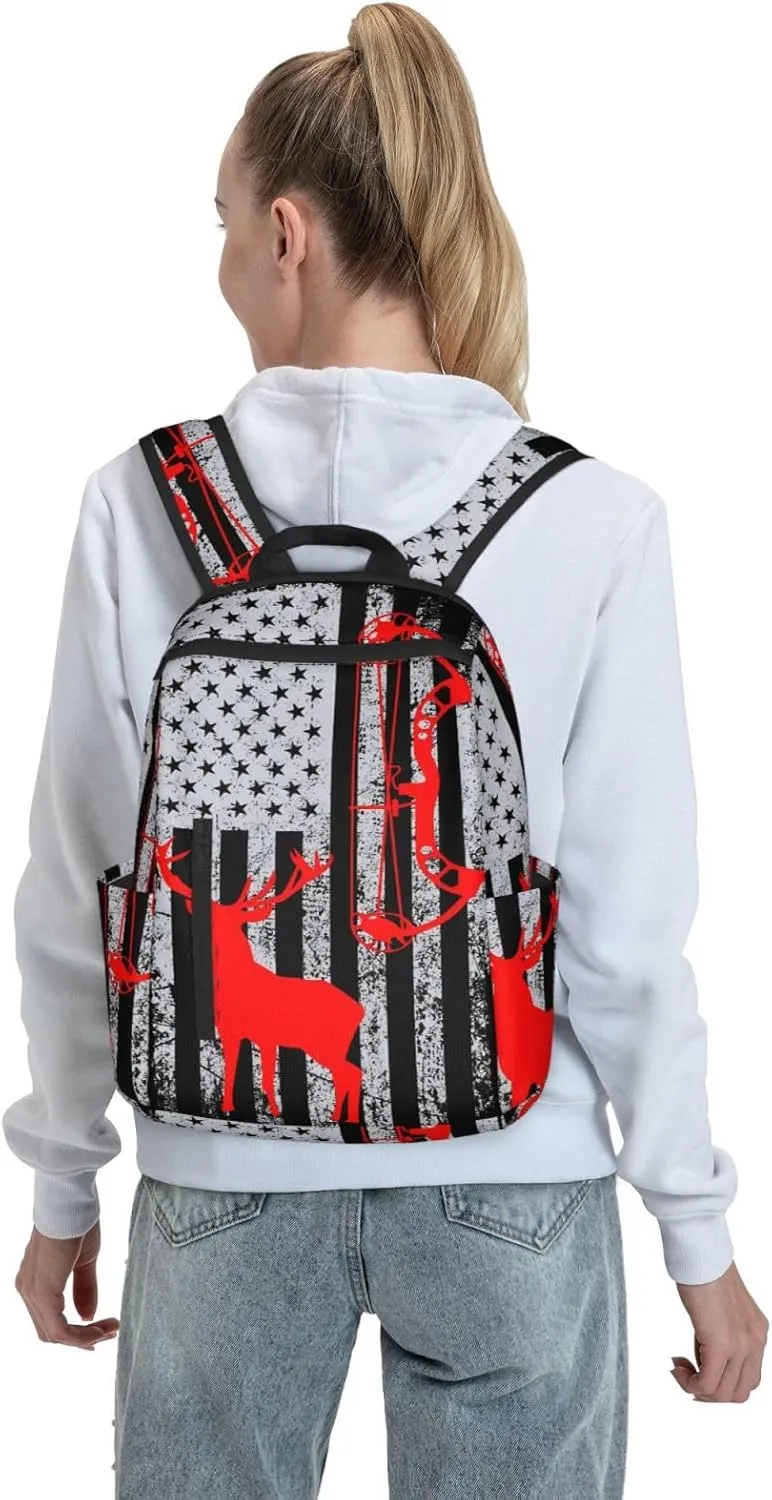 Bow Hunting American Flag Archery Deer Casual Backpacks Laptop Backpack Outdoor Travel Rucksack Sport Carry-On Daypack Lightweight Bag with Multi-Pockets