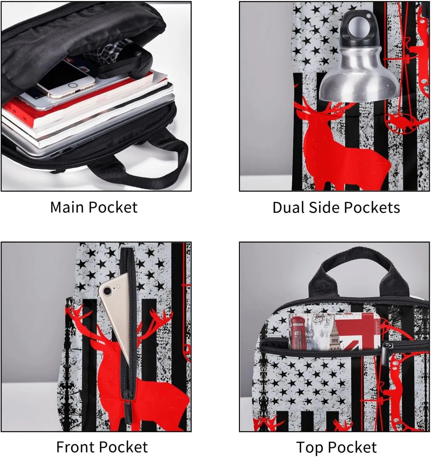 Bow Hunting American Flag Archery Deer Casual Backpacks Laptop Backpack Outdoor Travel Rucksack Sport Carry-On Daypack Lightweight Bag with Multi-Pockets