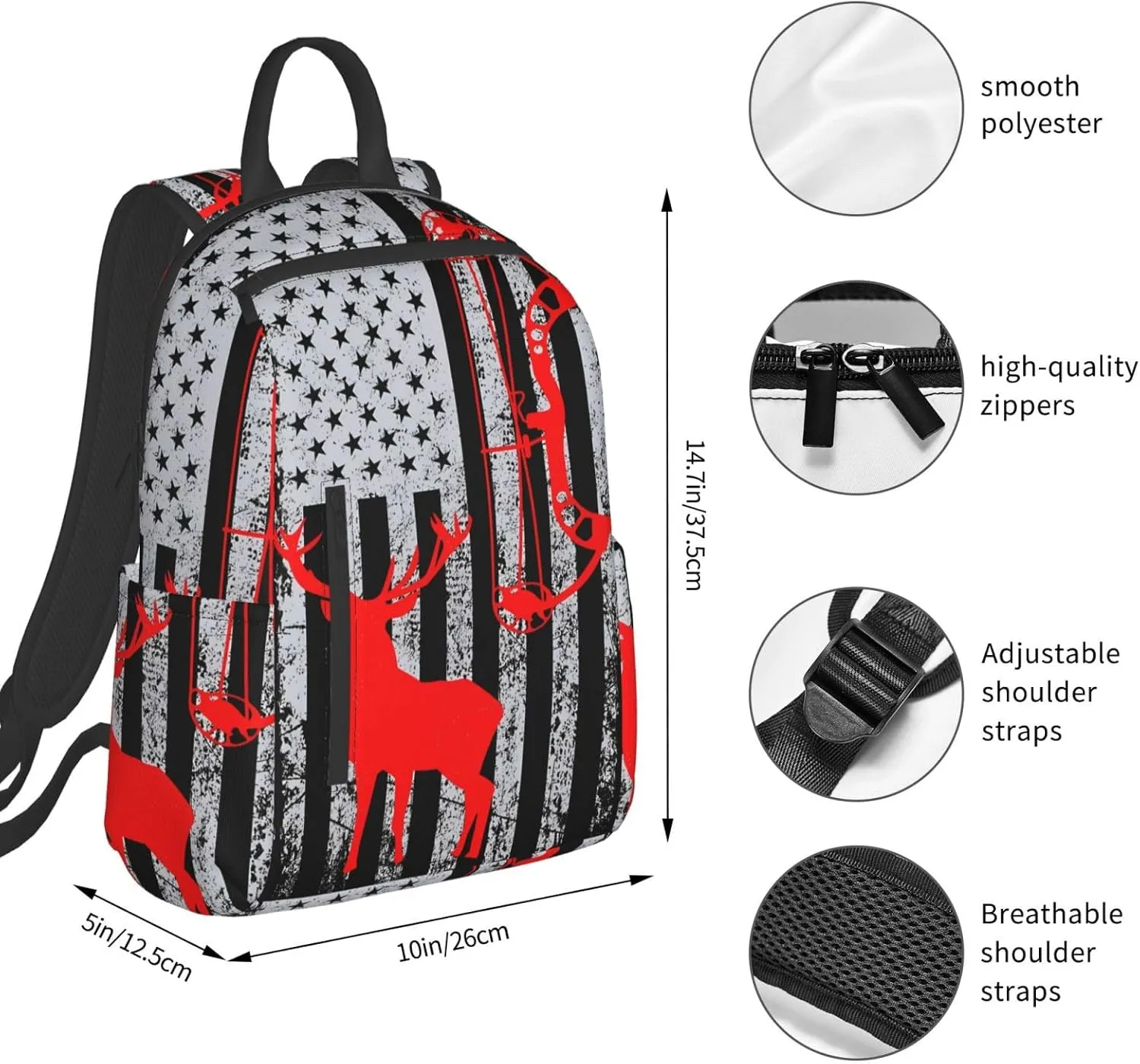 Bow Hunting American Flag Archery Deer Casual Backpacks Laptop Backpack Outdoor Travel Rucksack Sport Carry-On Daypack Lightweight Bag with Multi-Pockets