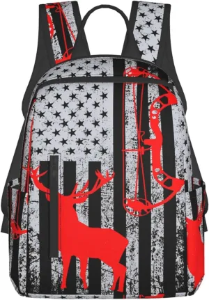 Bow Hunting American Flag Archery Deer Casual Backpacks Laptop Backpack Outdoor Travel Rucksack Sport Carry-On Daypack Lightweight Bag with Multi-Pockets