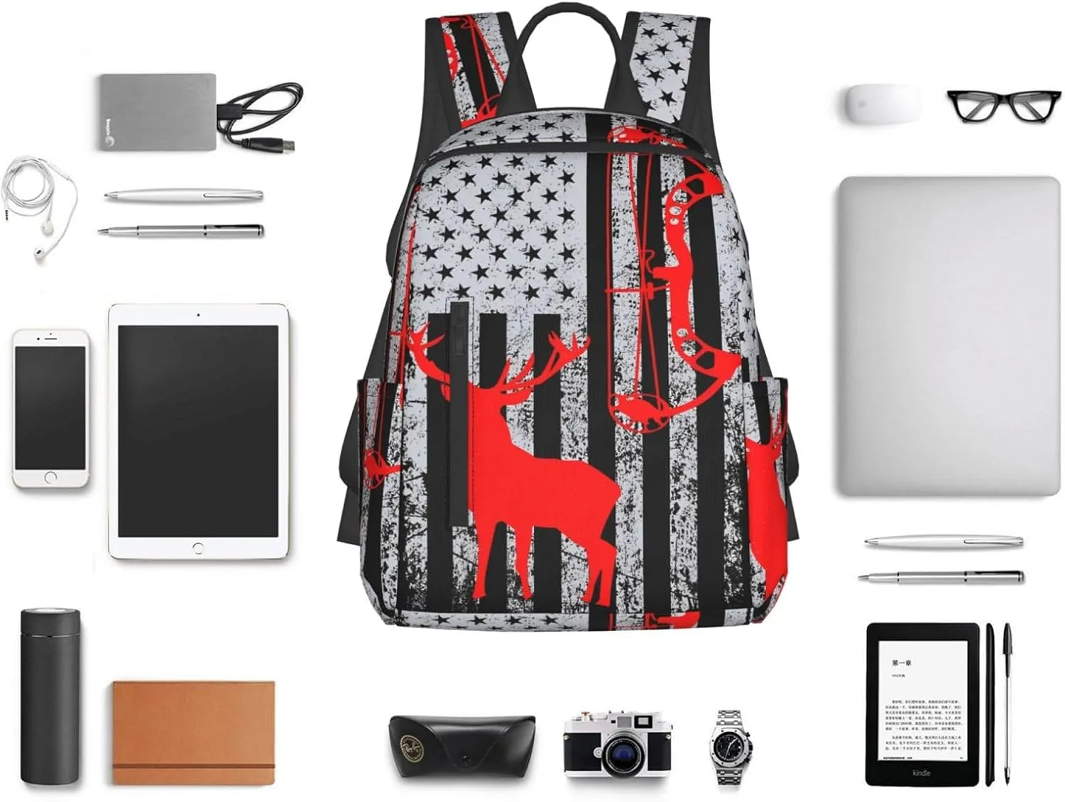 Bow Hunting American Flag Archery Deer Casual Backpacks Laptop Backpack Outdoor Travel Rucksack Sport Carry-On Daypack Lightweight Bag with Multi-Pockets