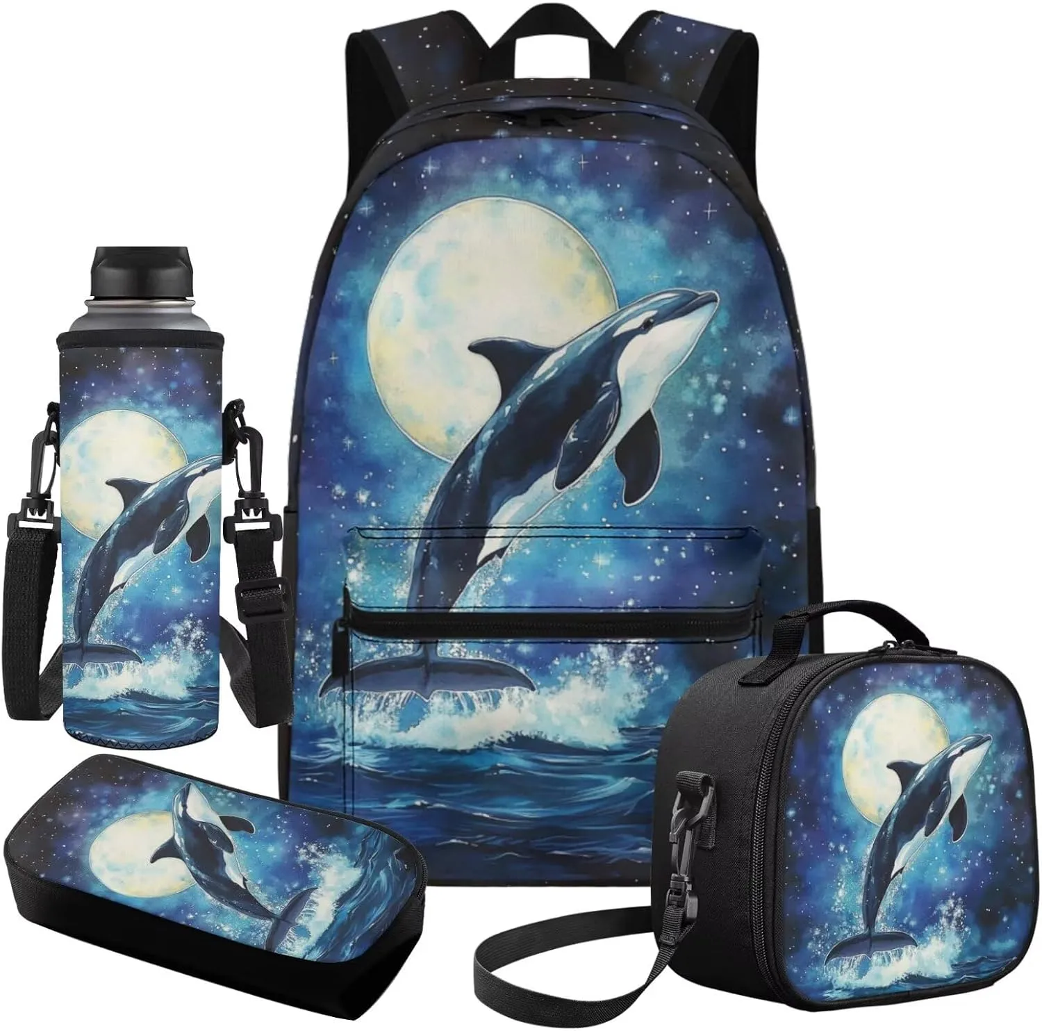 Boys Backpacks Ages 8-10 Killer Whale Backpack and Lunch Box Set Boys for Elementary School Breathable 4 in 1 Set Kids Book Bag Lightweight Teens Shoulder Bag
