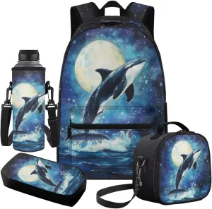 Boys Backpacks Ages 8-10 Killer Whale Backpack and Lunch Box Set Boys for Elementary School Breathable 4 in 1 Set Kids Book Bag Lightweight Teens Shoulder Bag