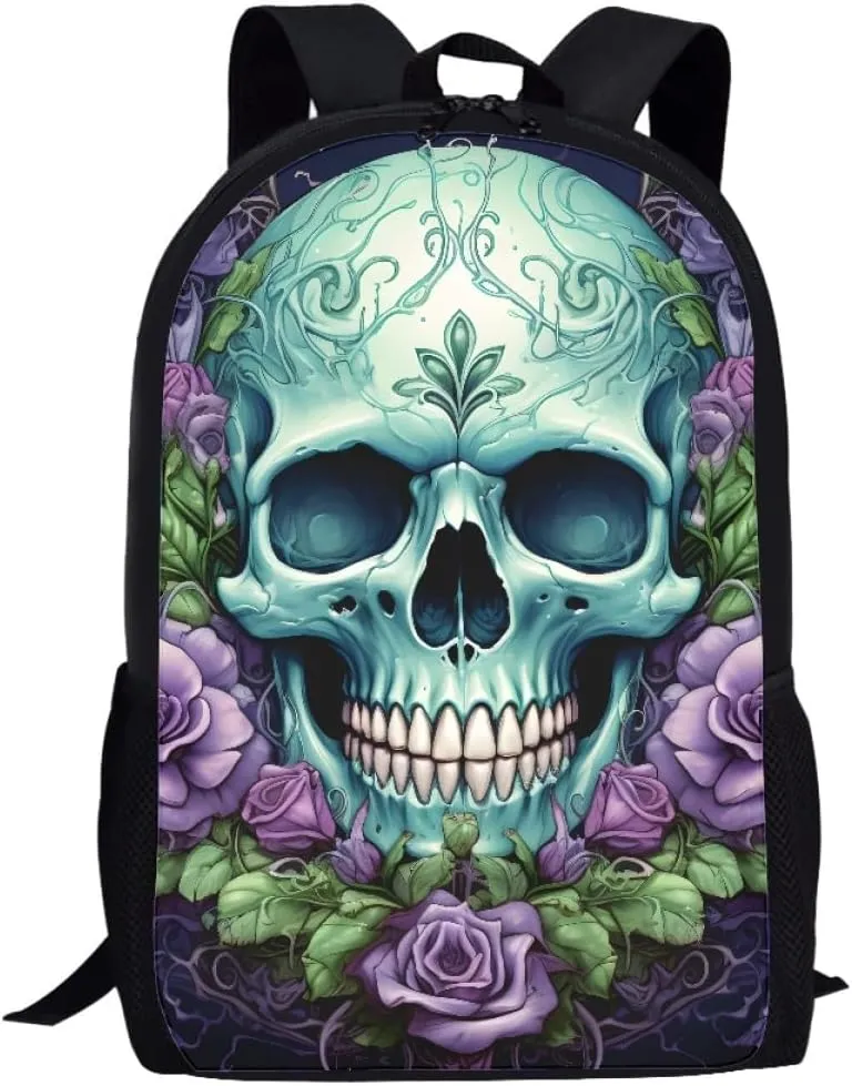 Boys Cool Skull Printed Bookbags Backpacks Kid Teen Child Casual Lightweight Schoolbag Travel Daypack,Purple Rose Skull