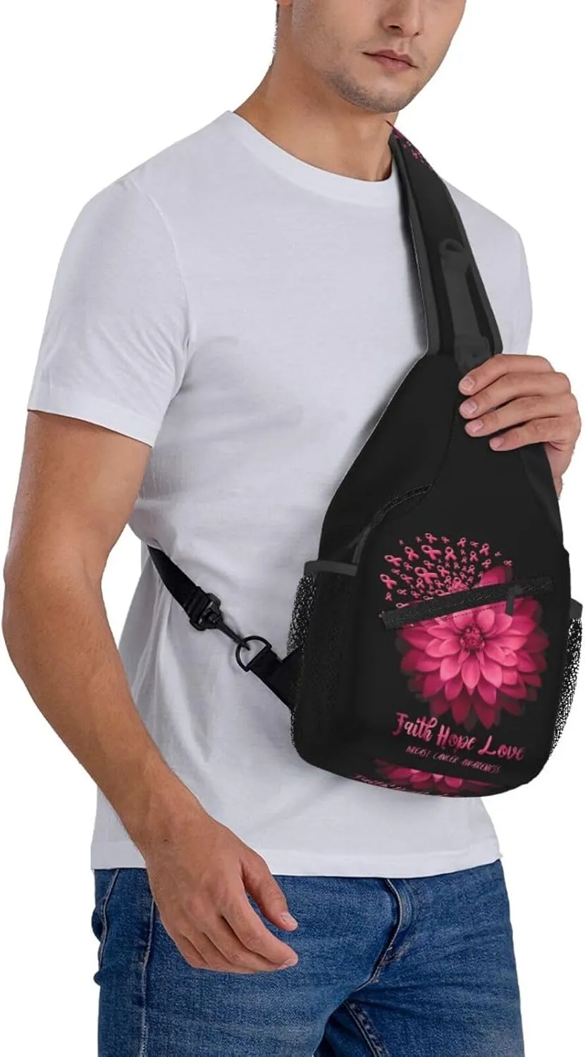 Breast Cancer Awareness Flowers Sling Bag Chest Bags Adjustable Crossbody Bag Shoulder Backpack For Travel Hiking