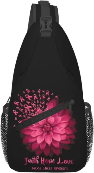 Breast Cancer Awareness Flowers Sling Bag Chest Bags Adjustable Crossbody Bag Shoulder Backpack For Travel Hiking