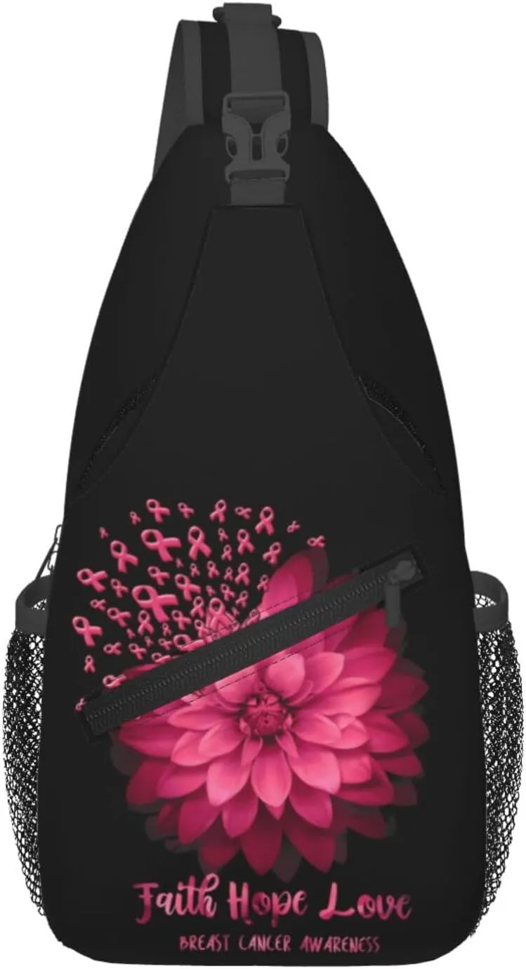 Breast Cancer Awareness Flowers Sling Bag Chest Bags Adjustable Crossbody Bag Shoulder Backpack For Travel Hiking
