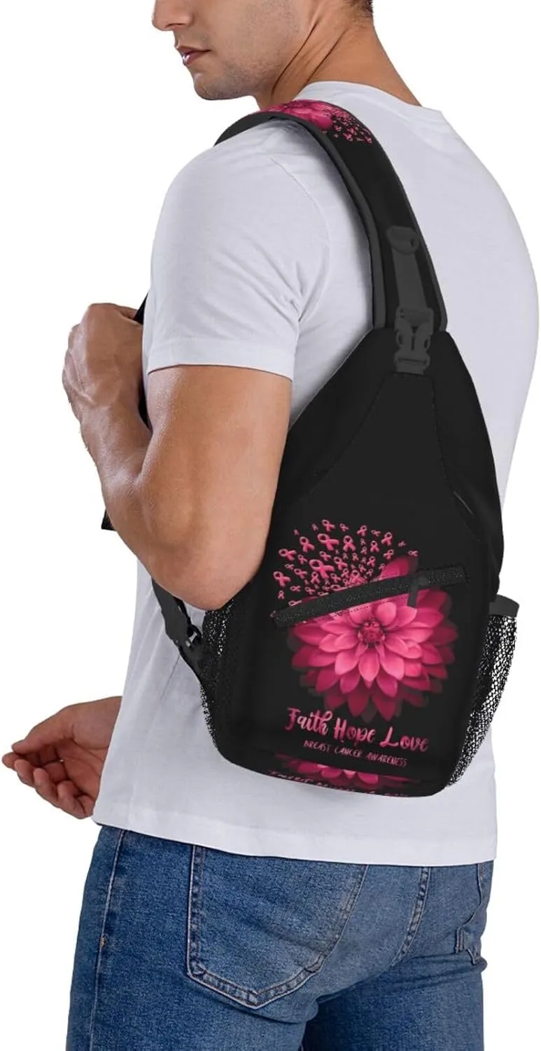 Breast Cancer Awareness Flowers Sling Bag Chest Bags Adjustable Crossbody Bag Shoulder Backpack For Travel Hiking