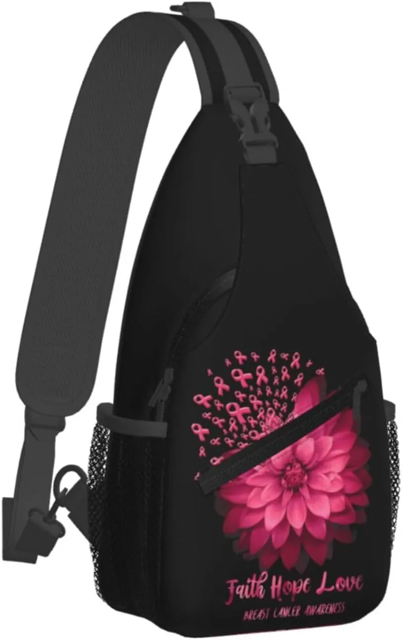 Breast Cancer Awareness Flowers Sling Bag Chest Bags Adjustable Crossbody Bag Shoulder Backpack For Travel Hiking