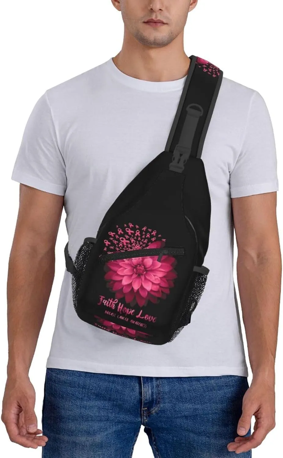 Breast Cancer Awareness Flowers Sling Bag Chest Bags Adjustable Crossbody Bag Shoulder Backpack For Travel Hiking
