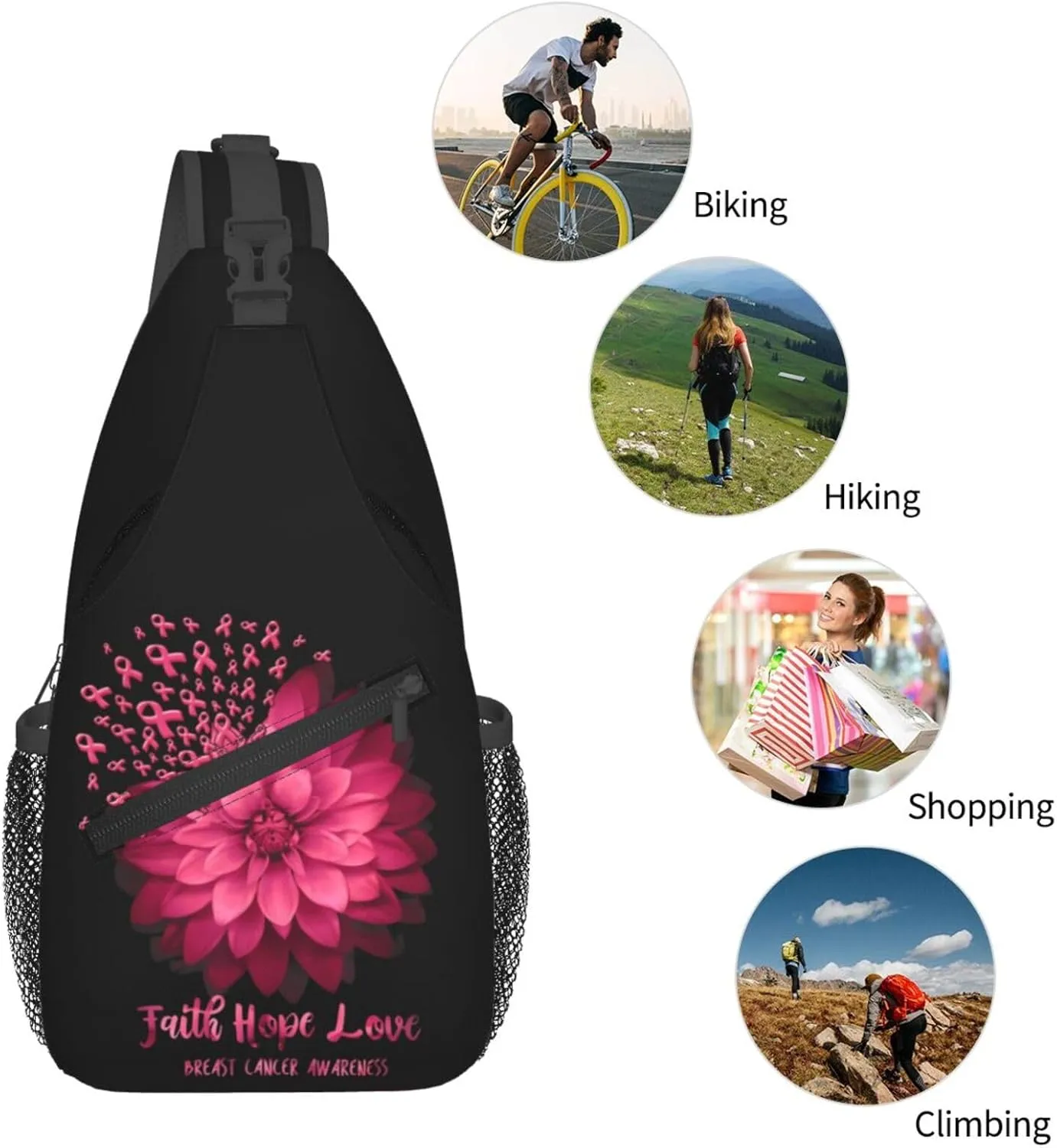 Breast Cancer Awareness Flowers Sling Bag Chest Bags Adjustable Crossbody Bag Shoulder Backpack For Travel Hiking