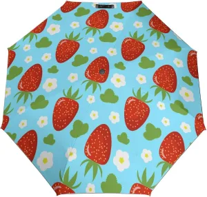 Bright Strawberry Leaves Compact Travel Umbrella, Windproof Waterproof Stick Umbrella Protection Umbrellas for Backpack, Purse, Portable,