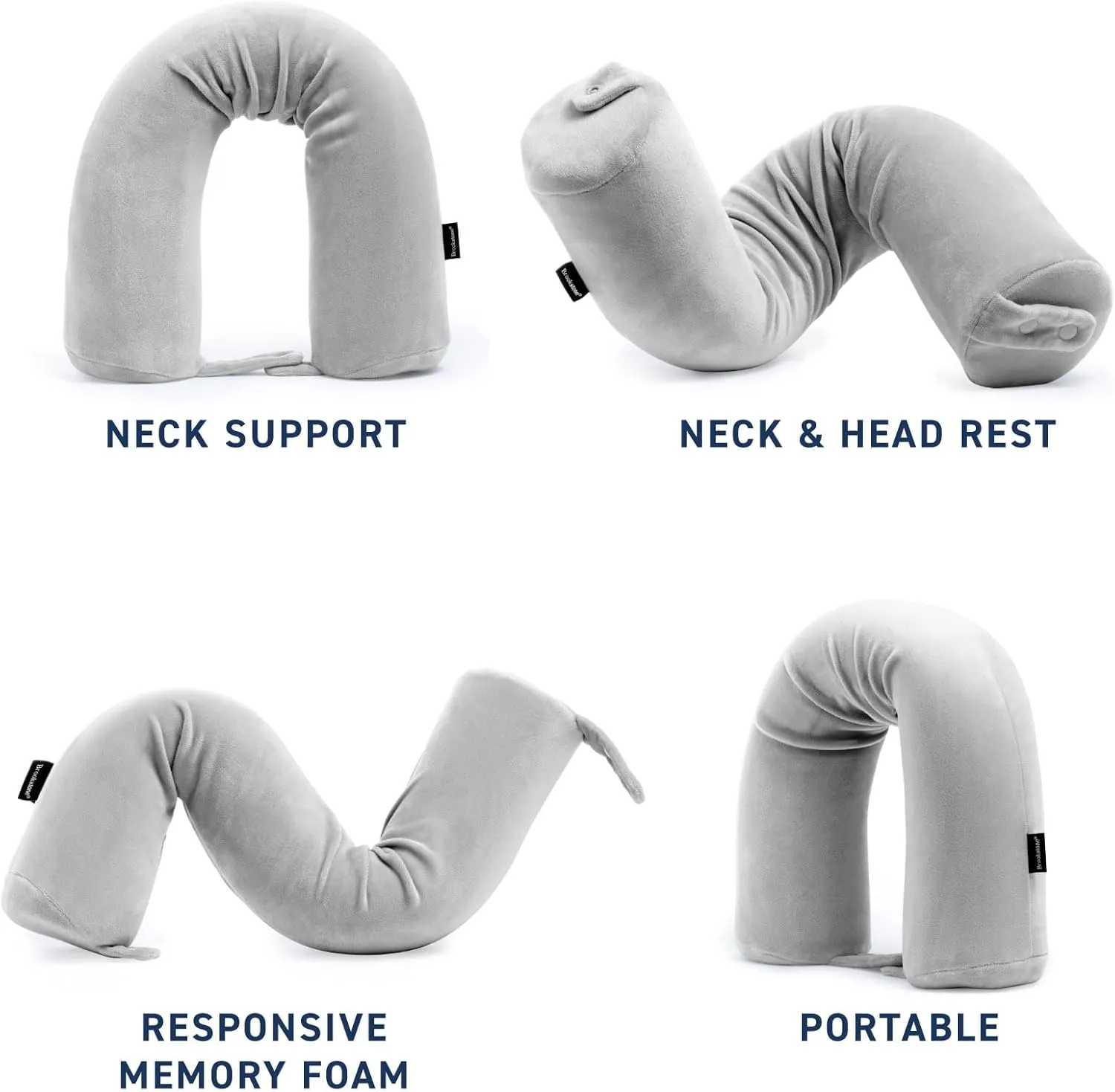 Brookstone Free Form Travel Pillow - Lightweight Flexible Memory Foam Travel Neck Pillow for Sleeping, Car, Airplane & Travel Support, Grey