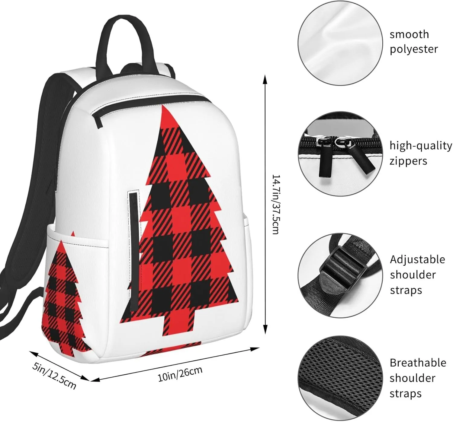Buffalo Plaid Christmas Tree Casual Backpacks Large Capacity Laptop Backpack Sports Rucksack Travel Daypack Adjustable Shoulder Strap Work Bag for Outdoor Camping
