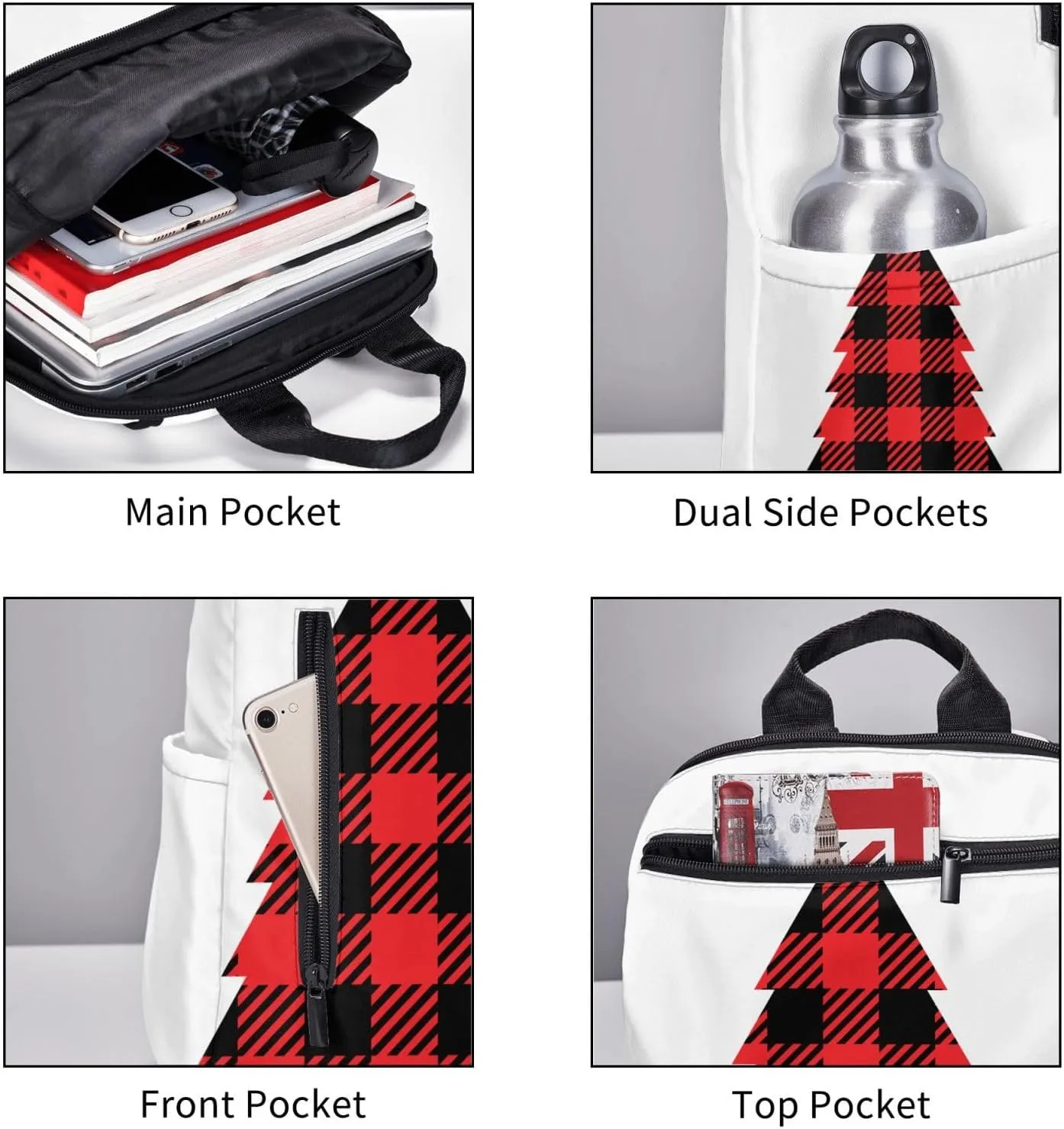 Buffalo Plaid Christmas Tree Casual Backpacks Large Capacity Laptop Backpack Sports Rucksack Travel Daypack Adjustable Shoulder Strap Work Bag for Outdoor Camping