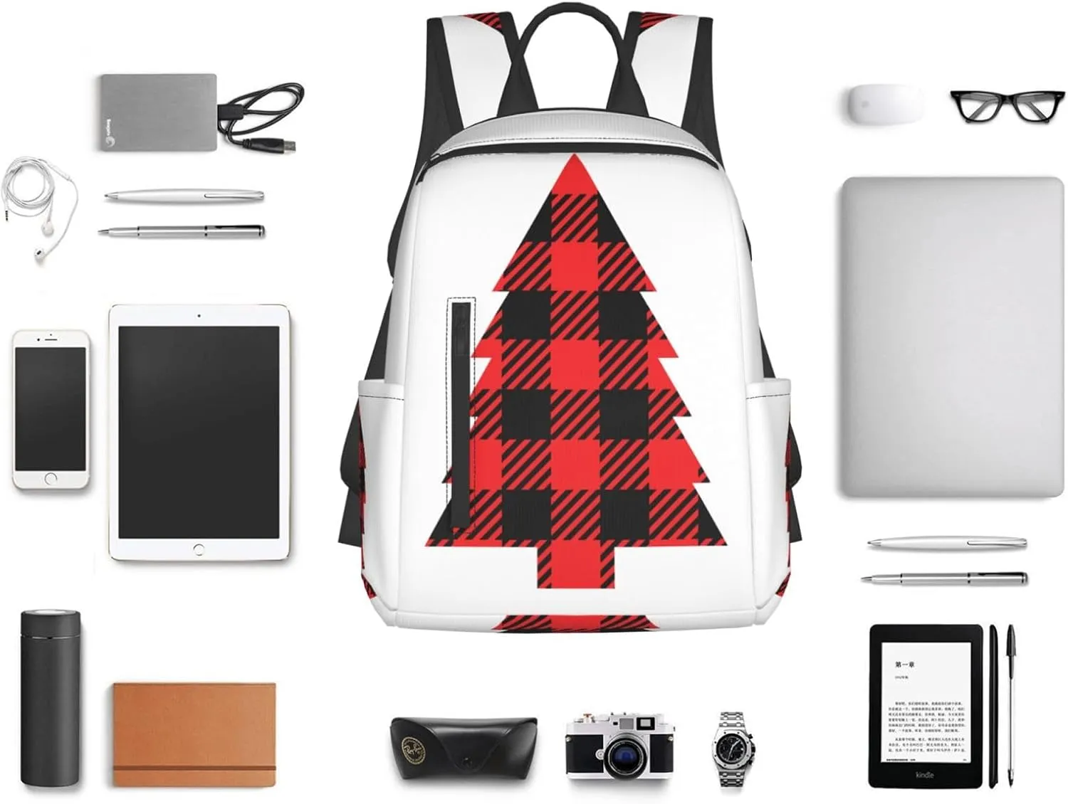 Buffalo Plaid Christmas Tree Casual Backpacks Large Capacity Laptop Backpack Sports Rucksack Travel Daypack Adjustable Shoulder Strap Work Bag for Outdoor Camping