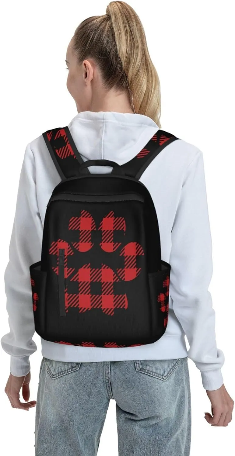 Buffalo Plaid Paw Casual Backpacks Large Capacity Laptop Backpack Sports Rucksack Travel Daypack Adjustable Shoulder Strap Work Bag for Outdoor Camping