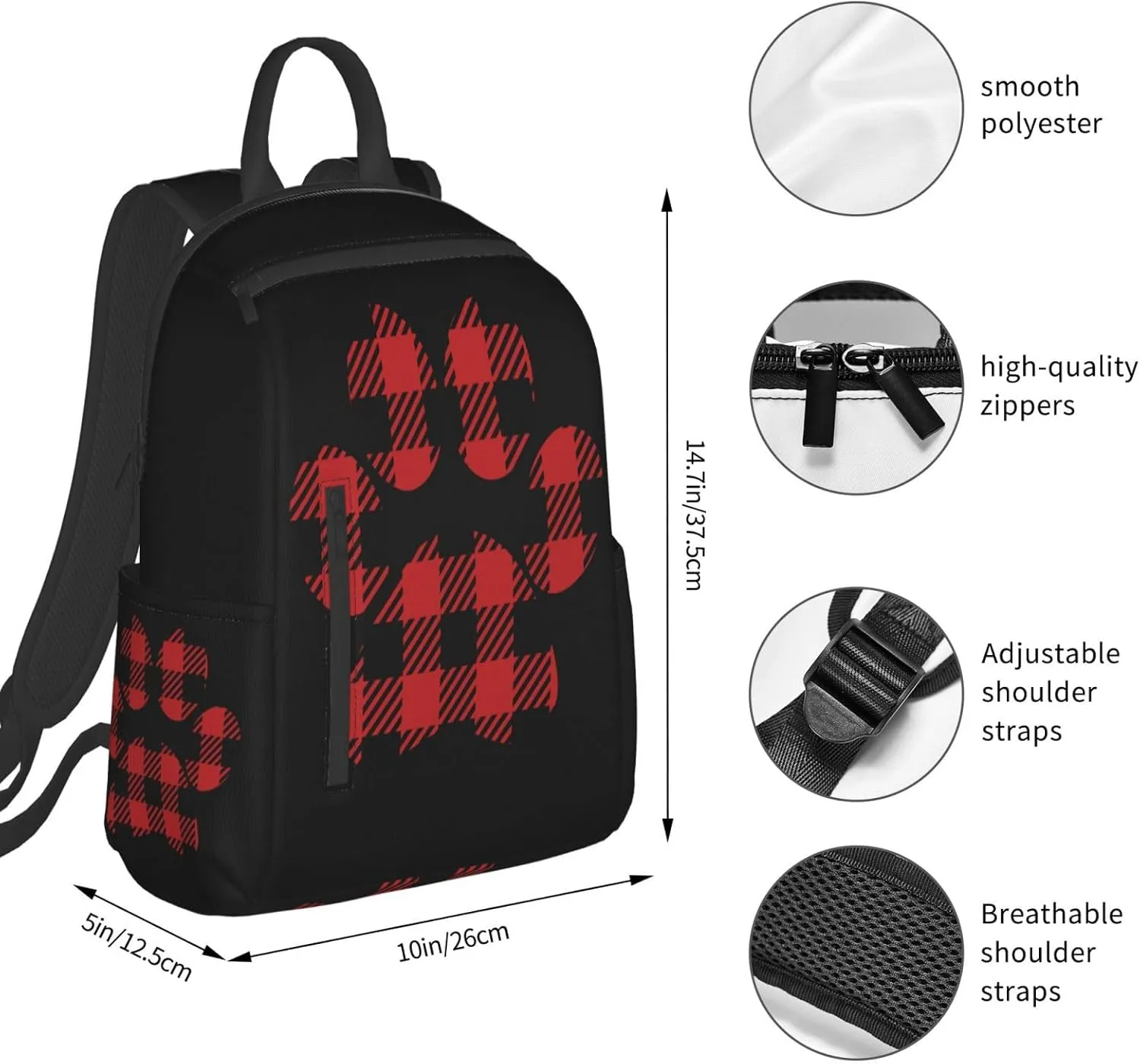 Buffalo Plaid Paw Casual Backpacks Large Capacity Laptop Backpack Sports Rucksack Travel Daypack Adjustable Shoulder Strap Work Bag for Outdoor Camping