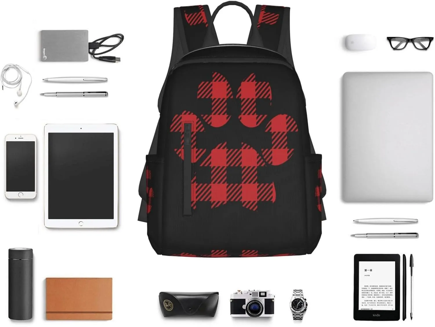 Buffalo Plaid Paw Casual Backpacks Large Capacity Laptop Backpack Sports Rucksack Travel Daypack Adjustable Shoulder Strap Work Bag for Outdoor Camping
